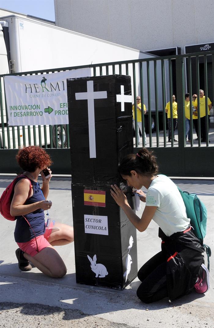 Dos manifestantes exhiben un ataúd frente a la sede de la empresa Hermi en Valladolid, durante la protesta de los cunicultores. EFE/RGarcíi