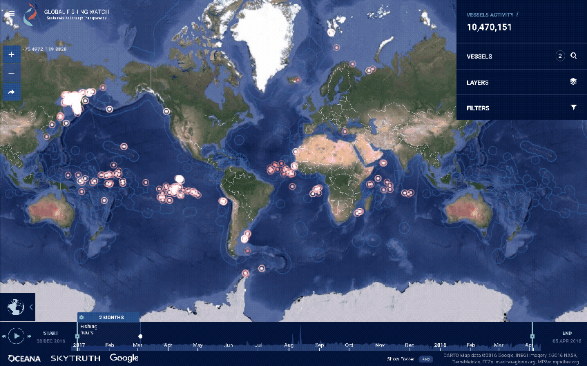 Muestra de GFW, que permite ver encuentros de barcos sospechosos de trasbordos en alta mar. Foto: GFW