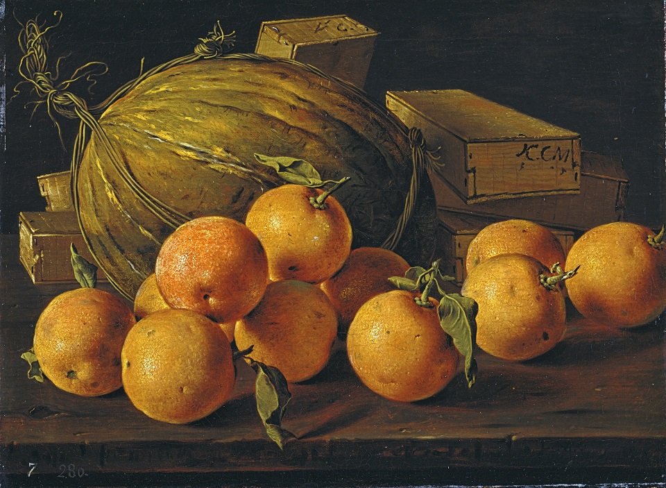 Bodegón con naranjas, melón y cajas de dulces de Juan Edigio Meléndez. Foto: cedida por el Museo del Prado.