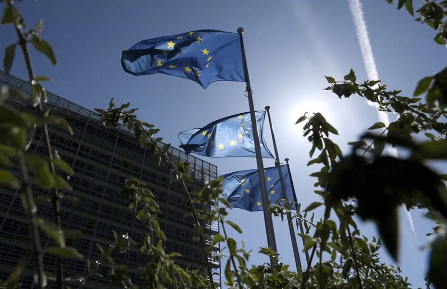 Plantas y banderas a las afueras de la sede de la Comisión Europea en Bruselas. Efeagro/EPA/Olivier Hoslet