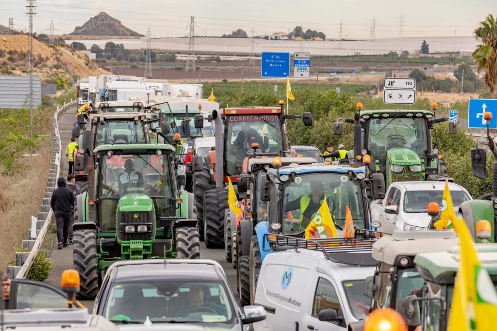 Vista del corte de la autovía A-30 a la altura del municipio de Blanca (Murcia) durante la manifestación de agricultores. EFE/Marcial Guillén